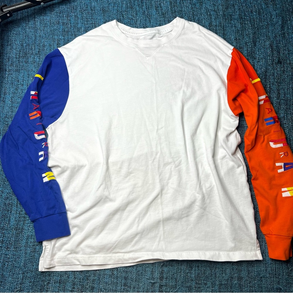 Nike Air Jordan Rivals Long Sleeve Embroidered Shirt White Orange Blue Large